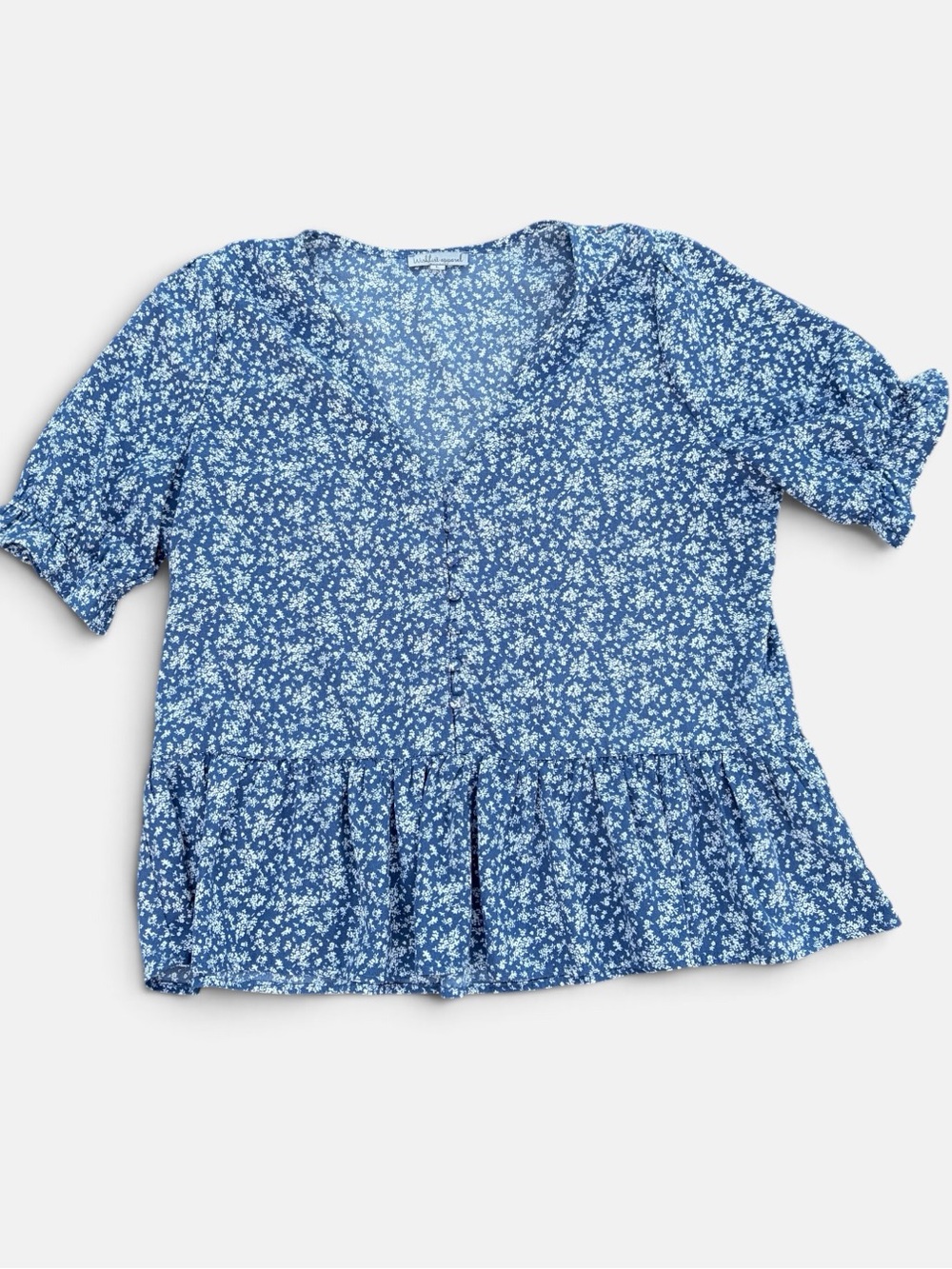 Wishlist Apparel Blue Floral Button Front Peplum Blouse Puff Sleeve Size L